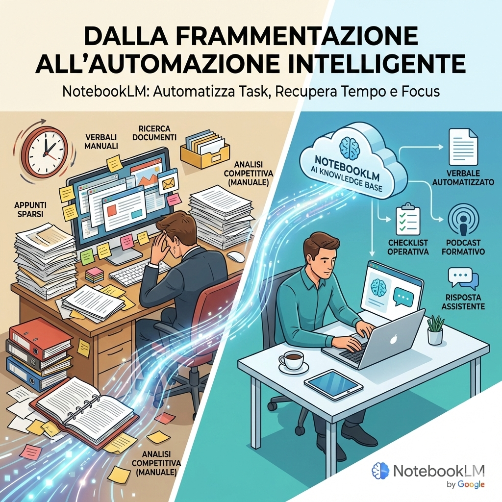 Confronto visivo tra un ambiente di lavoro manuale disordinato e un workflow automatizzato con NotebookLM che genera verbali e checklist.