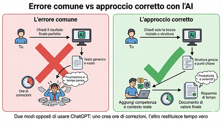 Infografica errori comuni AI: delegare risultato finale versus delegare solo bozza iniziale per produttività