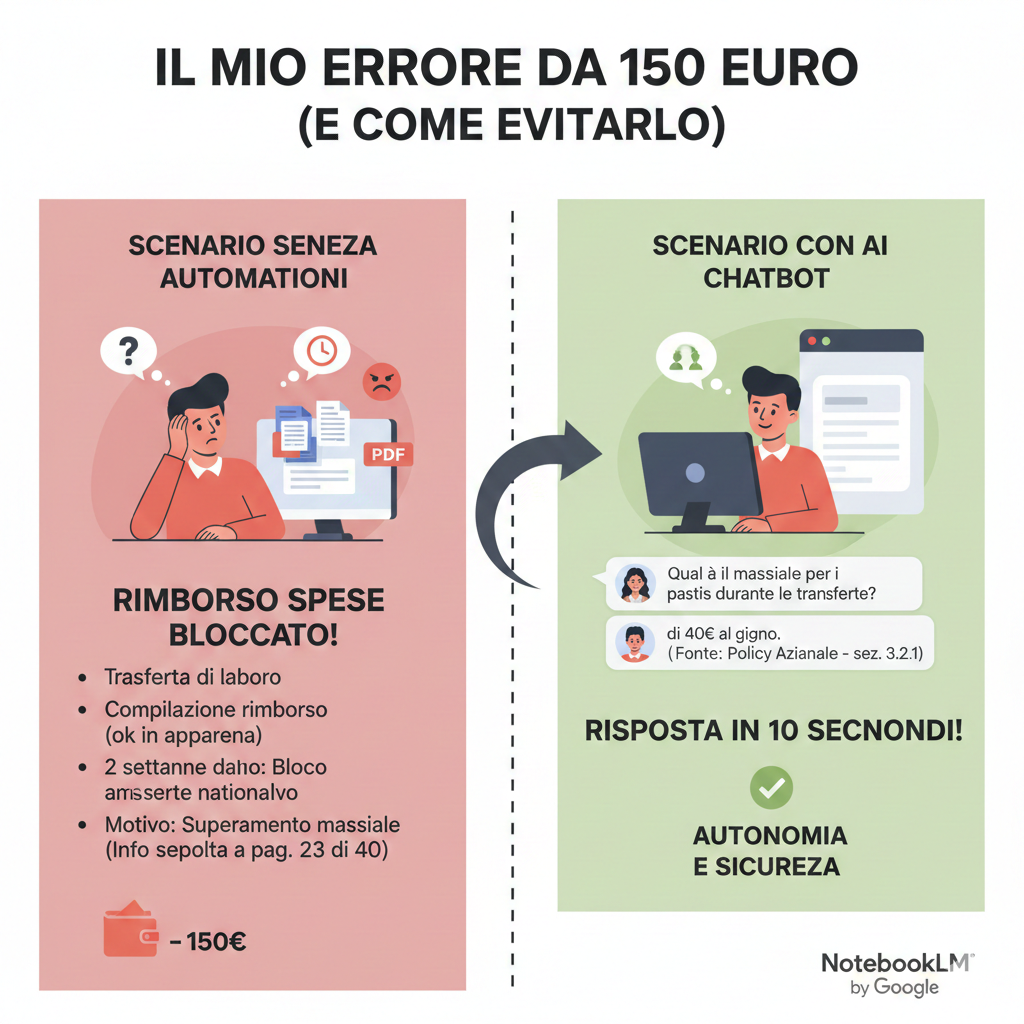 Professionista frustrato davanti al computer mentre cerca documenti aziendali in cartelle disorganizzate contro professionista contento. 